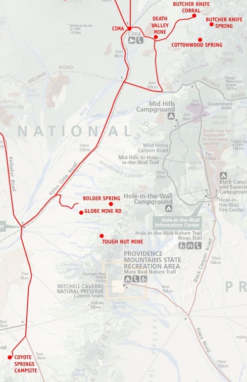 Mojave National Preserve map, Day 6: Coyote Springs to Butcher Knife Canyon corral