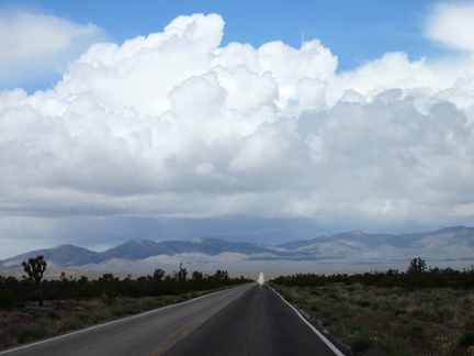As I head into the clouds on Nevada 164, I see a little sunny spot on the road ahead