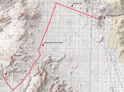 Bicycle route to Castle Peaks, Mojave National Preserve from Searchlight, Nevada