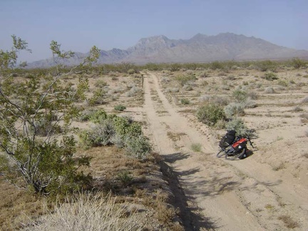 Looking back at a wash crossing that the 10-ton bike and I just walked through on the road to Coyote Springs