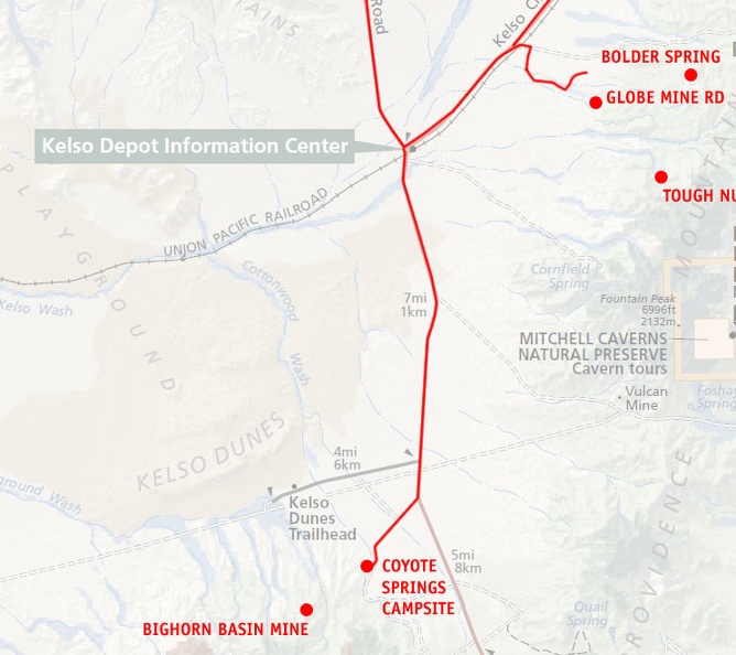 Mojave National Preserve map, Day 4: Globe Mine Road campsite to North Coyote Springs campsite