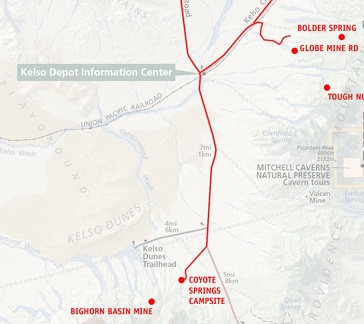 Mojave National Preserve map, Day 4: Globe Mine Road campsite to North Coyote Springs campsite