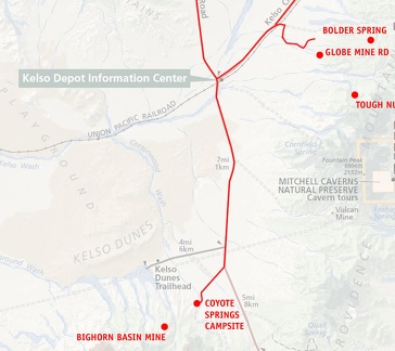 Mojave National Preserve map, Day 4: Globe Mine Road campsite to North Coyote Springs campsite