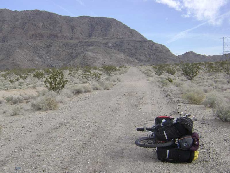 The 10-ton bike packed to go, I start the trek back up Jackass Canyon toward Kelbaker Road