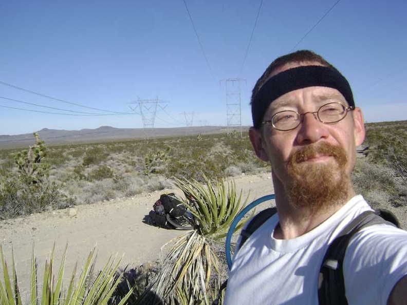 Proud power-line boy reaches the de facto crest of his climb for the day