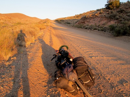 The sunset light on upper Ivanpah Road is incredible; tired, I'm walking the bike sometimes, enjoying the colours