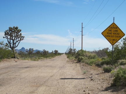 One lane only on Walking Box Ranch Road: for a Mojave Desert dirt road, it's actually pretty good
