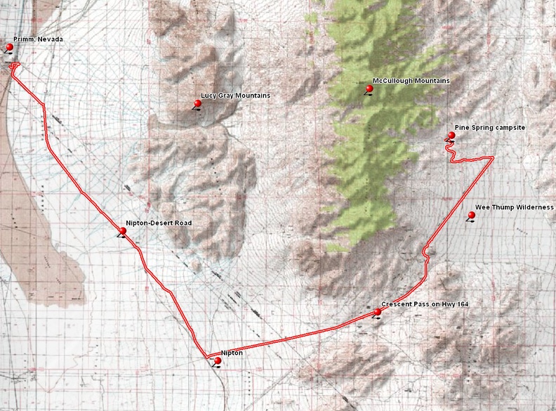 Bicycle route from Primm, Nevada to Pine Spring area, McCullough Mountains, Nevada