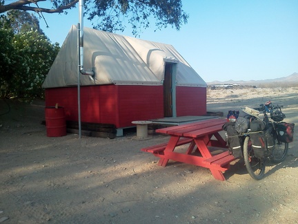 I decide to stay in one of the Nipton tent cabins tonight; I'll get up early tomorrow and ride to Primm to catch the Amtrak bus