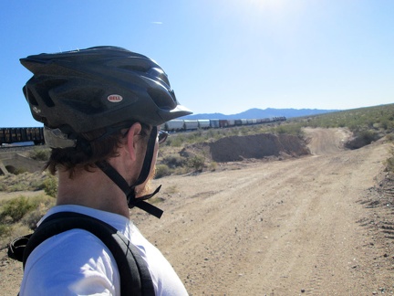 One of those long freight trains that crosses the Mojave Desert passes me on Nipton-Moore Road