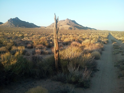 This stretch of Woods Wash Road follows an old range fence toward Twin Buttes, with old rough-hewn wood posts