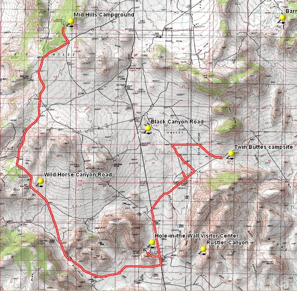 Bicycle route from Mid Hills Campground to Twin Buttes area