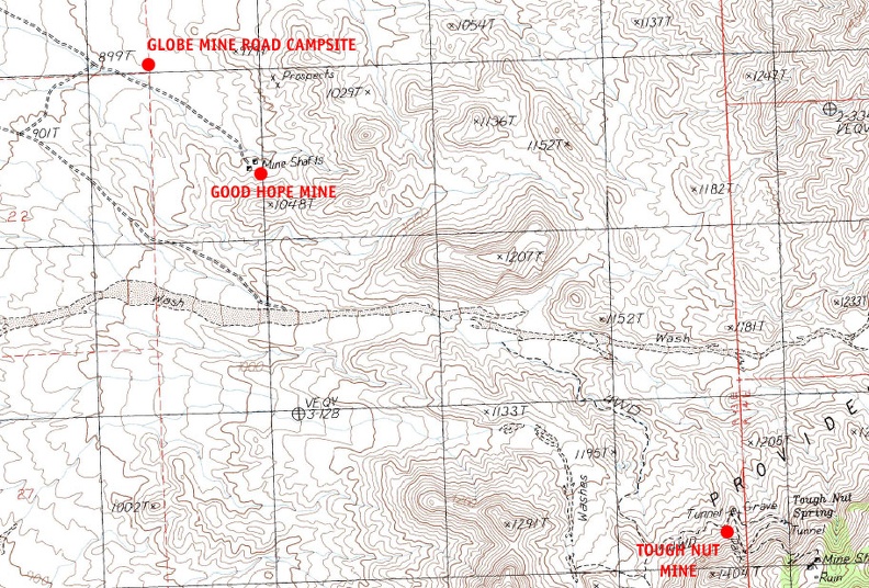 Mojave National Preserve map, Day 2: Globe Mine Road campsite to Tough Nut Mine day hike (8 miles)
