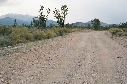 Pinkish gravel on Hart Mine Road; the New York Mountains are not too far away now