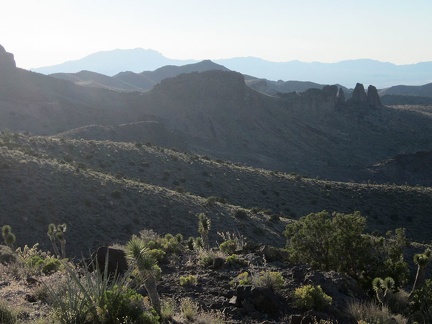 The succession of ridges visible from Dove Spring Peaks stands out in the pre-dusk sunlight; I recognize those pinnacles