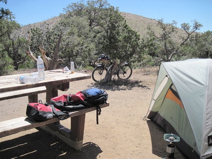 After sleeping in a bit, and eating breakfast, I pack up and leave the tent for today's ride across Gold Valley to Woods Wash