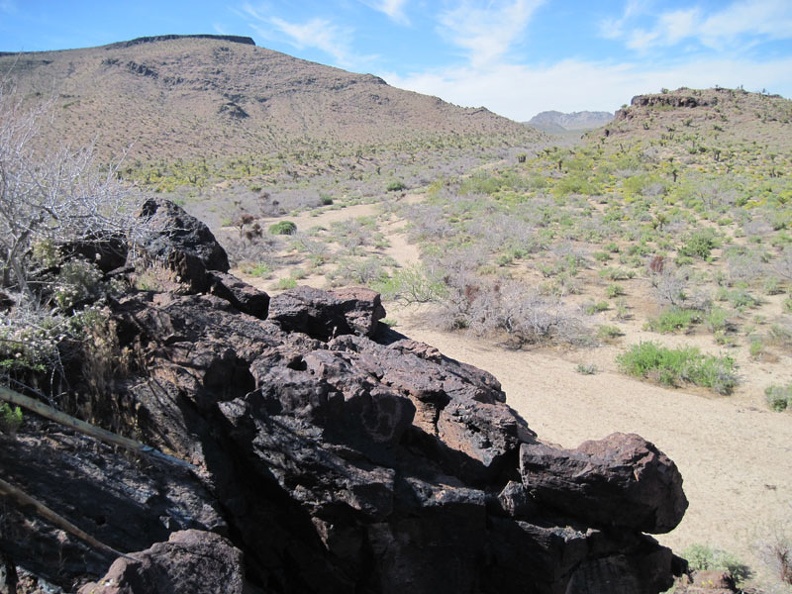 I climb a hill and get a glimpse of Woods Wash northward toward Twin Buttes