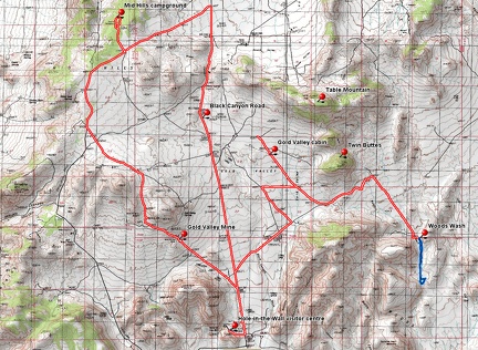 Mountain-bike route across Gold Valley, Mojave National Preserve, from Mid Hills campground to Woods Wash