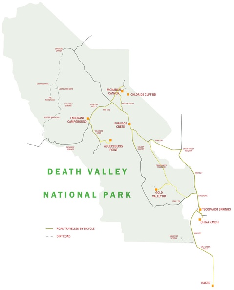 Map of Death Valley area showing 2007 bicycle routes travelled