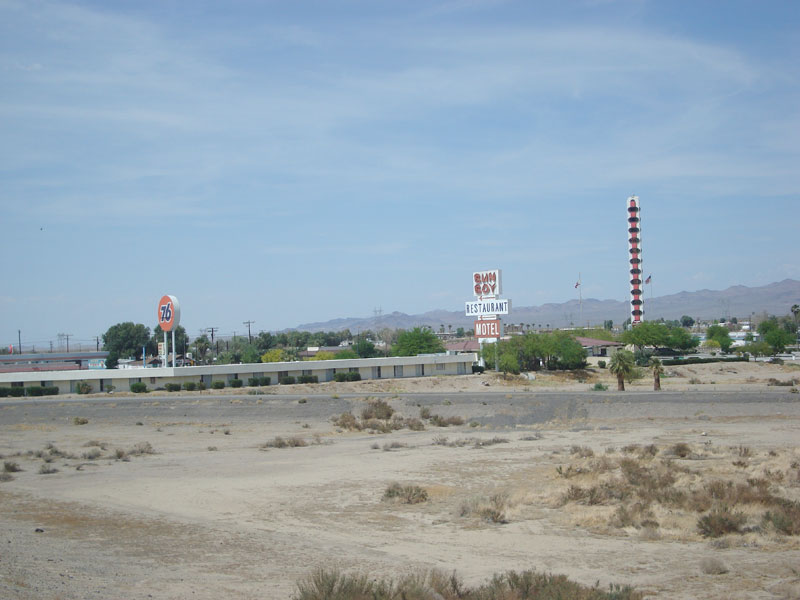 Baker, California has a sort of skyline with its "tallest thermometer in the world" and its motel and fast-food signs