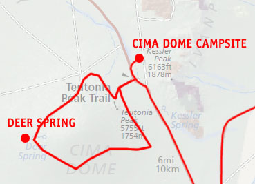 Mojave National Preserve map: Day 13: Cima Dome day hike including Teutonia Peak and Deer Spring