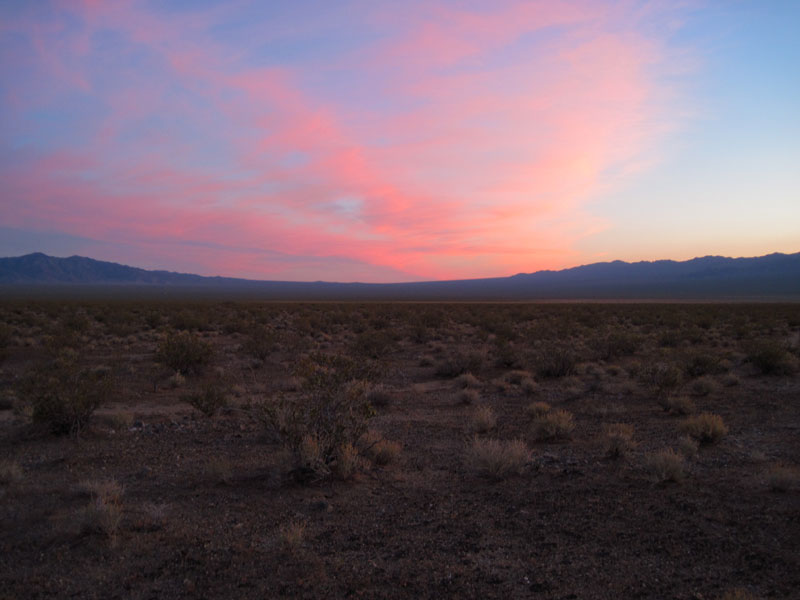 Mojave National Preserve sunset looking up Ivanpah Valley toward the Cima Dome area
