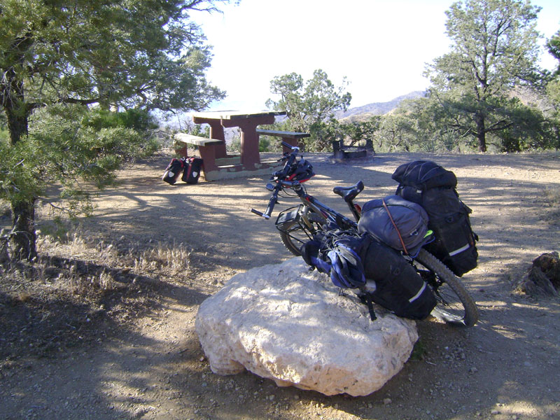 I ride through Mid Hills campground, Mojave National Preserve, and select site 22, where I've camped previously
