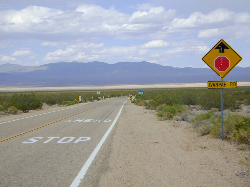 The amazing 11.5-mile downhill on Morning Star Mine Road abruptly ends at a T-intersection and stop sign at Ivanpah Road