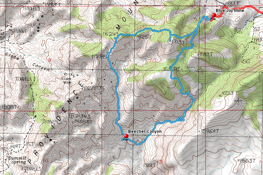 Hiking route in upper forks of Beecher Canyon from Blue Jay Mine