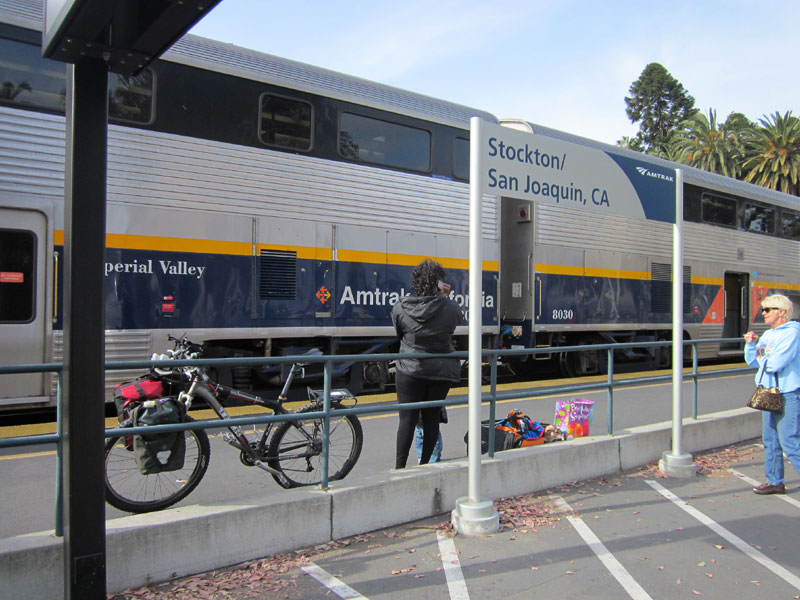 Yesterday, I boarded the Amtrak train with the 10-ton bike at Stockton, California, after a short Amtrak bus ride from San José